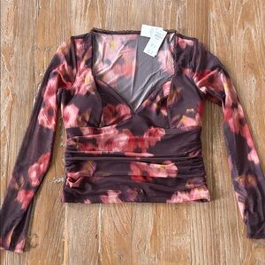 Abercrombie & Fitch Burgundy Floral Mesh V-Neck Long Sleeve Top